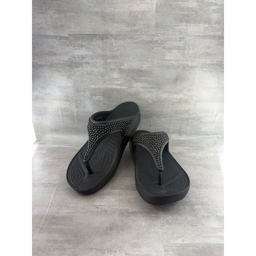 Crocs Sloane Embellished Flip Flops Black Platform Sandals 204181 Women Sz 8